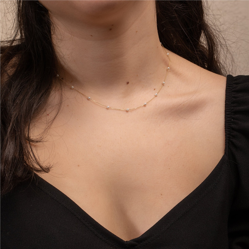 Goldstore-Multiple Pearls Necklace 14k Solid Gold, Dainty Every Day Fresh Water Pearl Station Necklace, Perfect Beach Jewelry, Gift For Bridesmaids