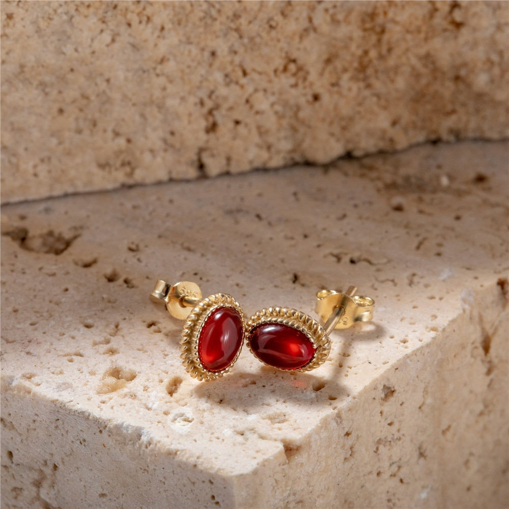 Goldstore-Natural Oval Red Agate Earrings 14K Solid Gold, Vintage Red Agate Gemstone Real Gold Earrings, Solitaire Agate Earrings, Gift For Wife