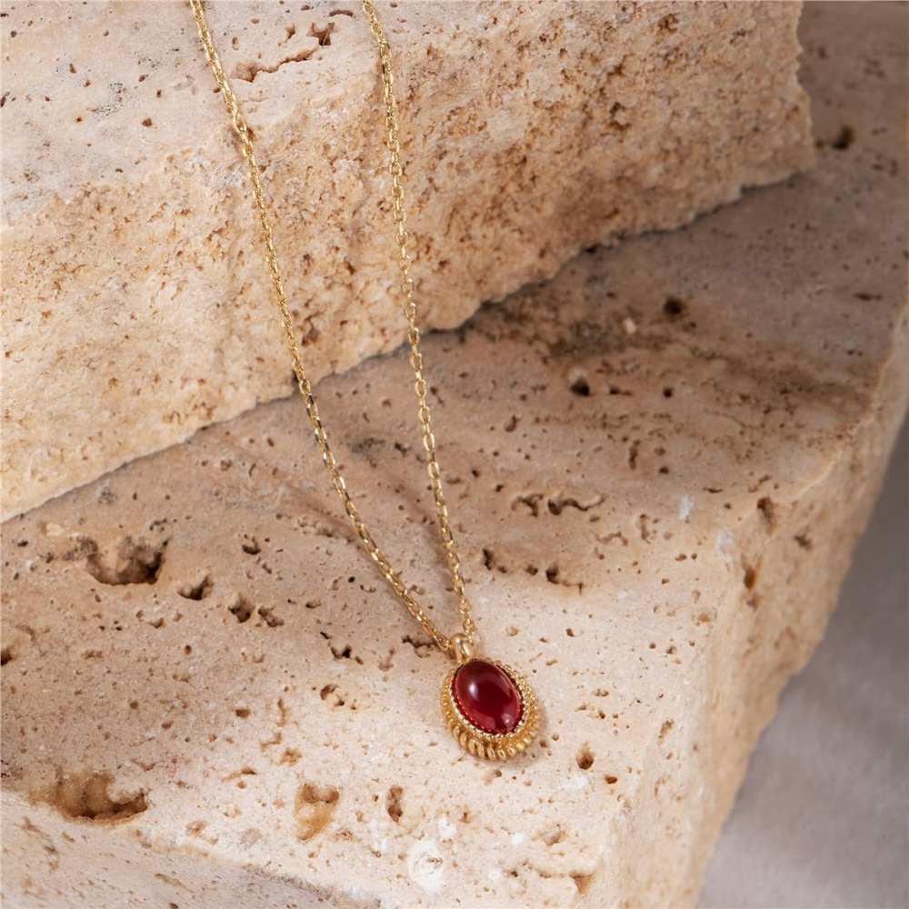 Goldstore-Natural Red Agate Necklace 14K Solid Gold, Genuine Red Gemstone Vintage Necklace, Good Luck Stone Choker, Oval Bezel Red Agate Necklace