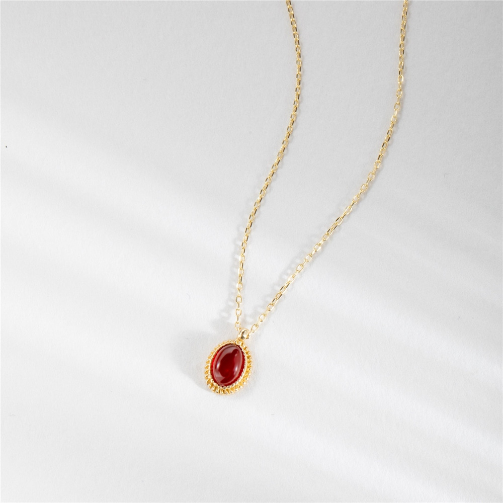 Goldstore-Natural Red Agate Necklace 14K Solid Gold, Genuine Red Gemstone Vintage Necklace, Good Luck Stone Choker, Oval Bezel Red Agate Necklace