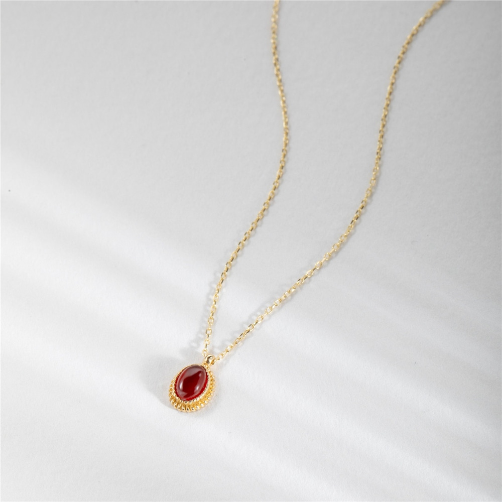 Goldstore-Natural Red Agate Necklace 14K Solid Gold, Genuine Red Gemstone Vintage Necklace, Good Luck Stone Choker, Oval Bezel Red Agate Necklace