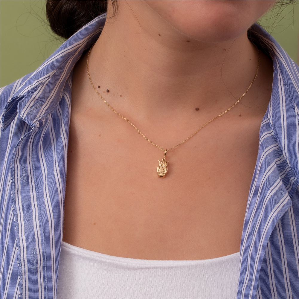 Goldstore-Night Owl Urn Pendant 14k 18k Solid Gold, Owl Bird Cremation Necklace,Custom Engrave Owl Urn Pendant,Human Pet Remains Holder, Gift For Loss