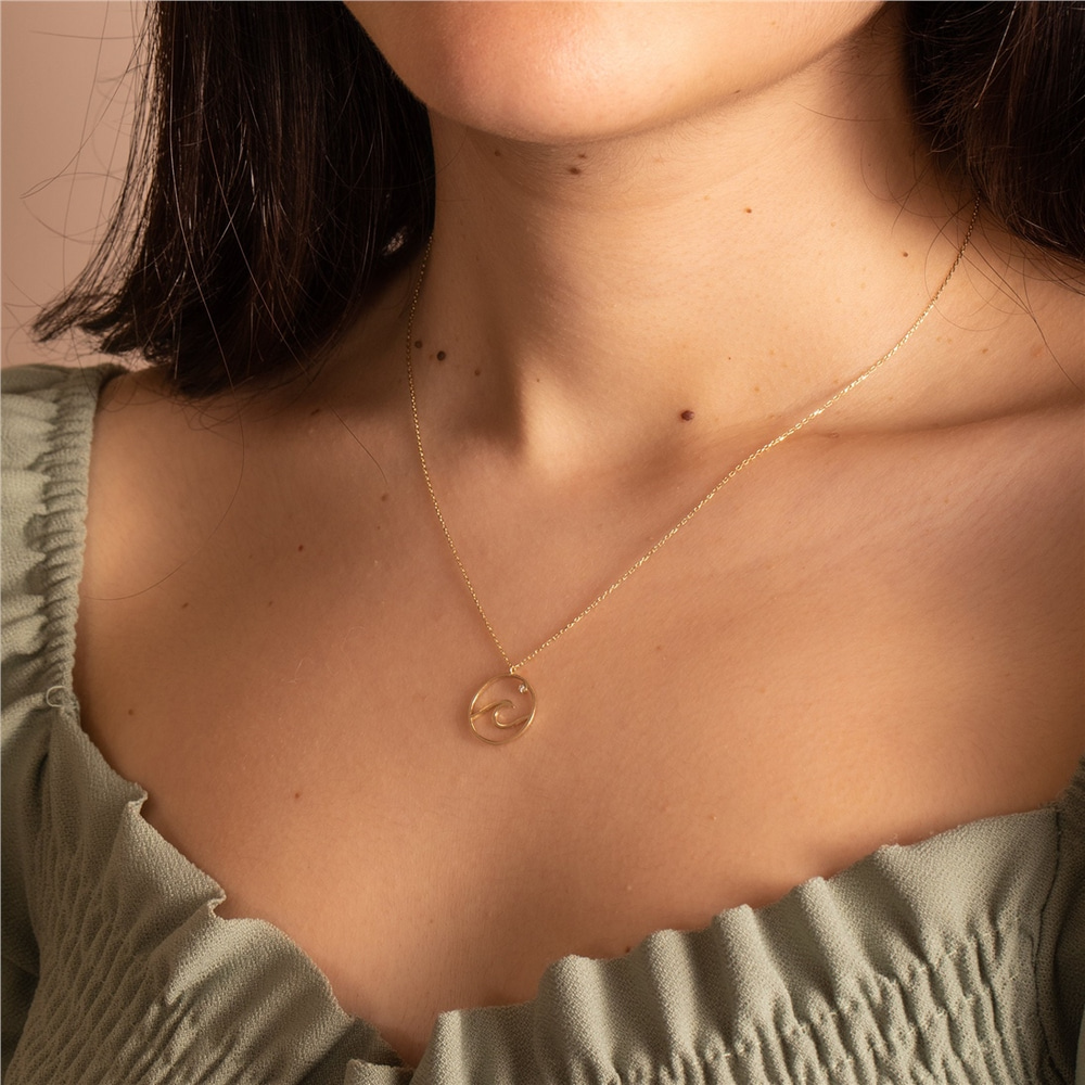 Goldstore-Ocean Wave Necklace, Dainty Beach Necklace, 14K 18K Real Gold Surfer Necklace, Sea Wave Necklace, Genuine Diamond Wave Coin Necklace for Her