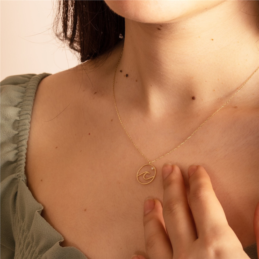 Goldstore-Ocean Wave Necklace, Dainty Beach Necklace, 14K 18K Real Gold Surfer Necklace, Sea Wave Necklace, Genuine Diamond Wave Coin Necklace for Her