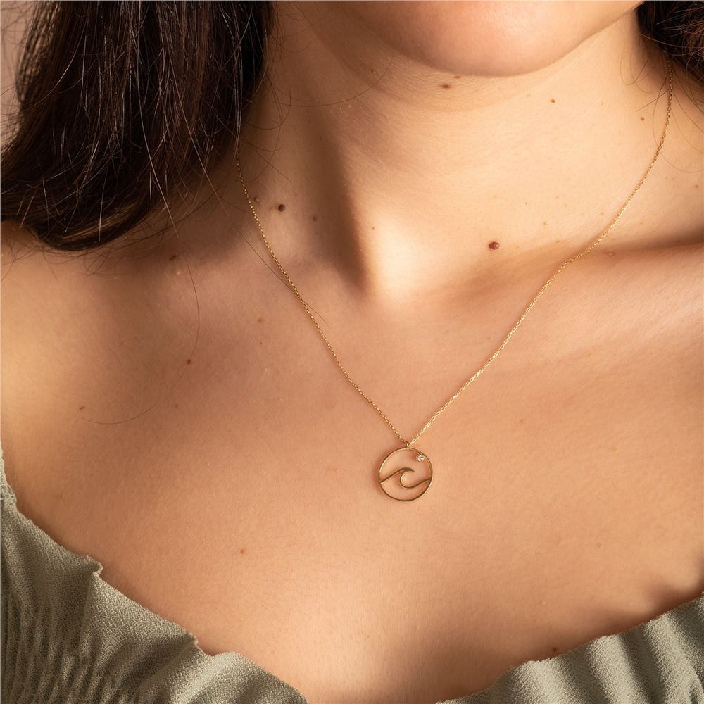 Goldstore-Ocean Wave Necklace, Dainty Beach Necklace, 14K 18K Real Gold Surfer Necklace, Sea Wave Necklace, Genuine Diamond Wave Coin Necklace for Her