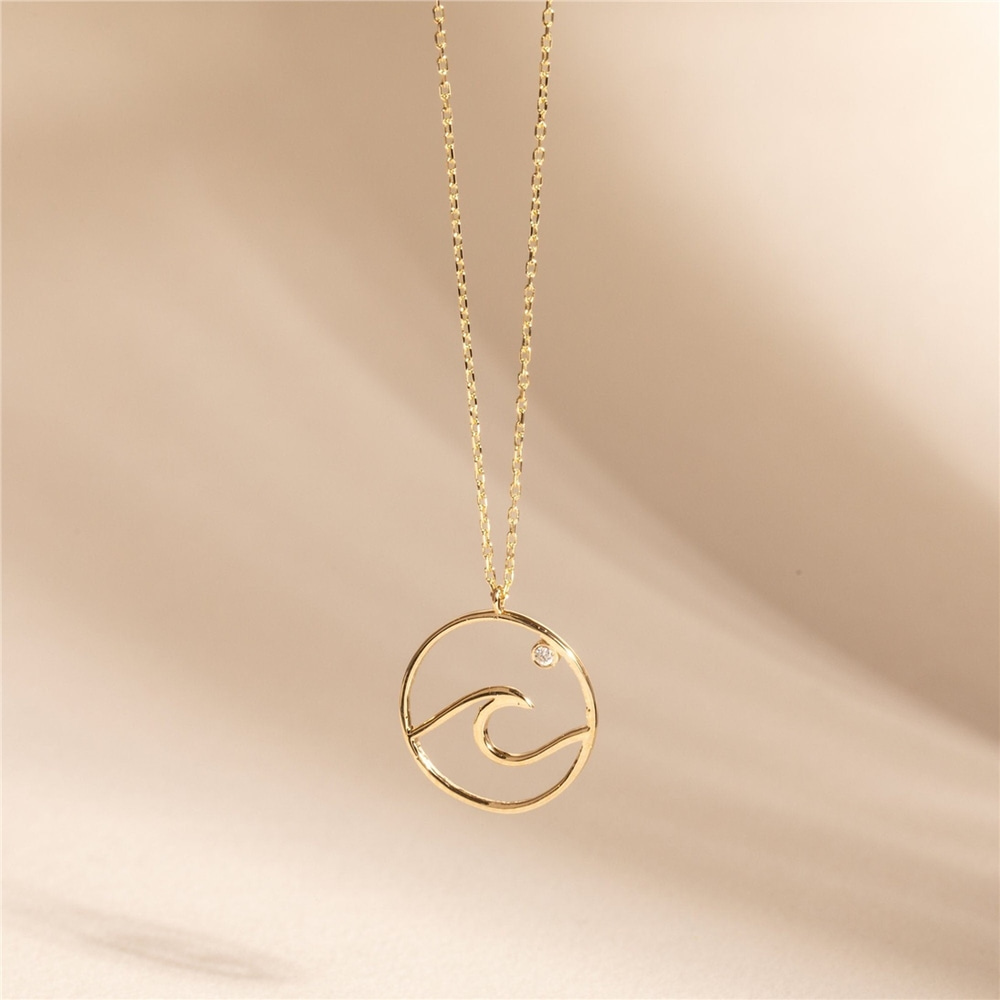 Goldstore-Ocean Wave Necklace, Dainty Beach Necklace, 14K 18K Real Gold Surfer Necklace, Sea Wave Necklace, Genuine Diamond Wave Coin Necklace for Her