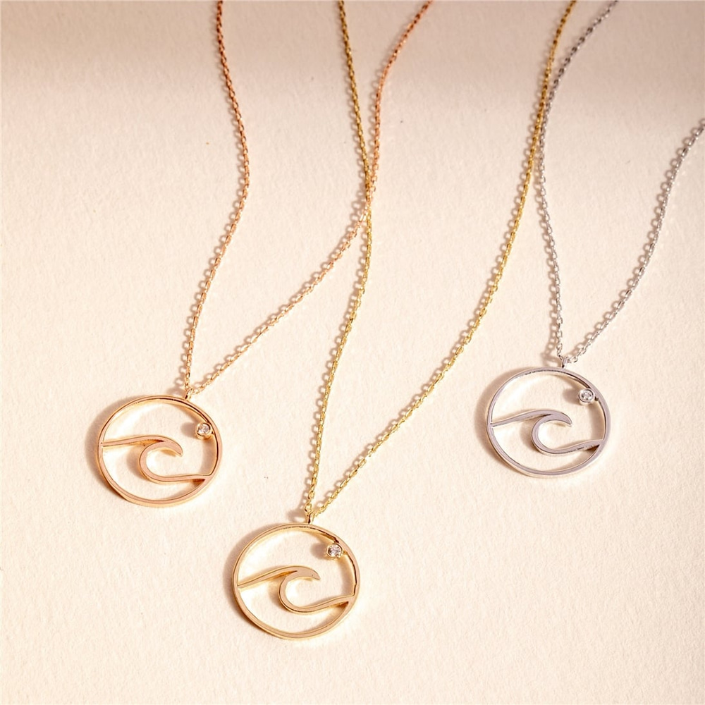 Goldstore-Ocean Wave Necklace, Dainty Beach Necklace, 14K 18K Real Gold Surfer Necklace, Sea Wave Necklace, Genuine Diamond Wave Coin Necklace for Her