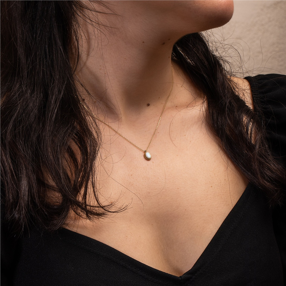 Goldstore-Opal Bezel Necklace 14k Solid Gold, Elegant Vintage Oval Cut Bezel Setting Blue White Opal Necklace, Perfect Valentine's Day Gift For Her
