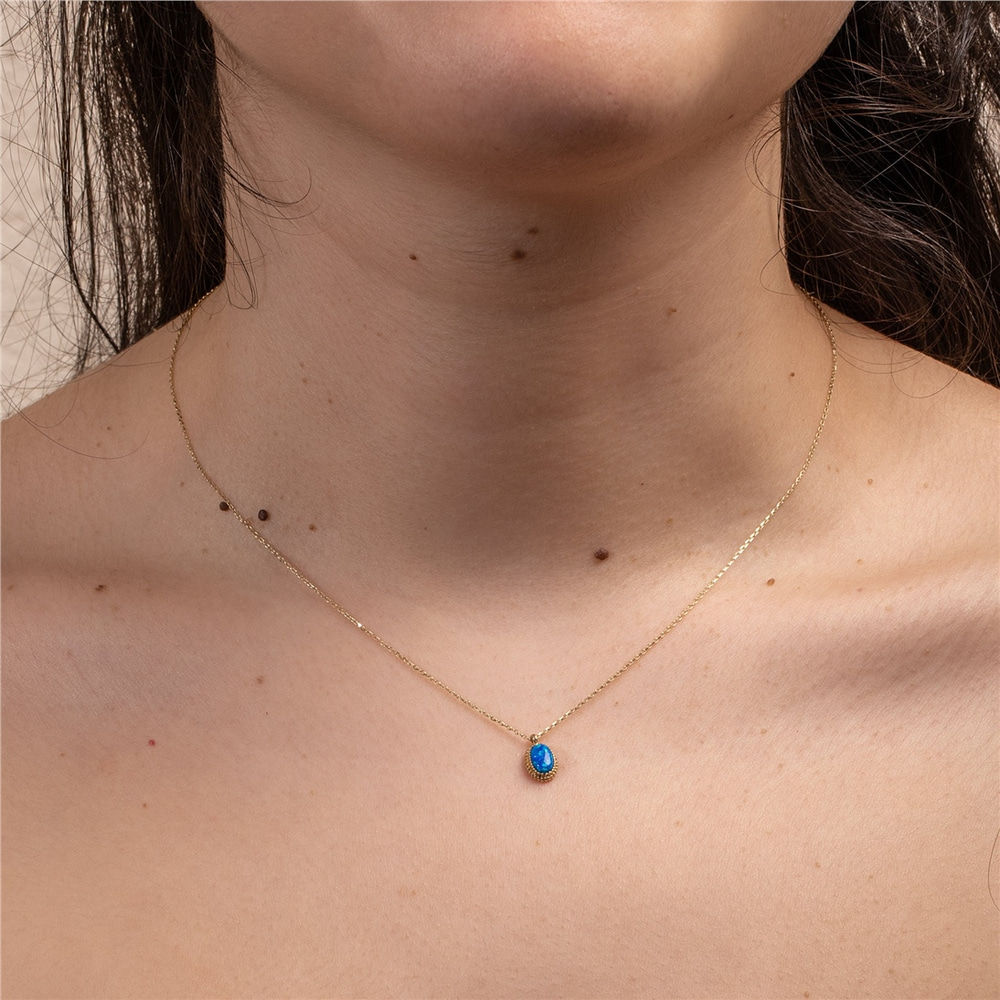 Goldstore-Opal Bezel Necklace 14k Solid Gold, Elegant Vintage Oval Cut Bezel Setting Blue White Opal Necklace, Perfect Valentine's Day Gift For Her