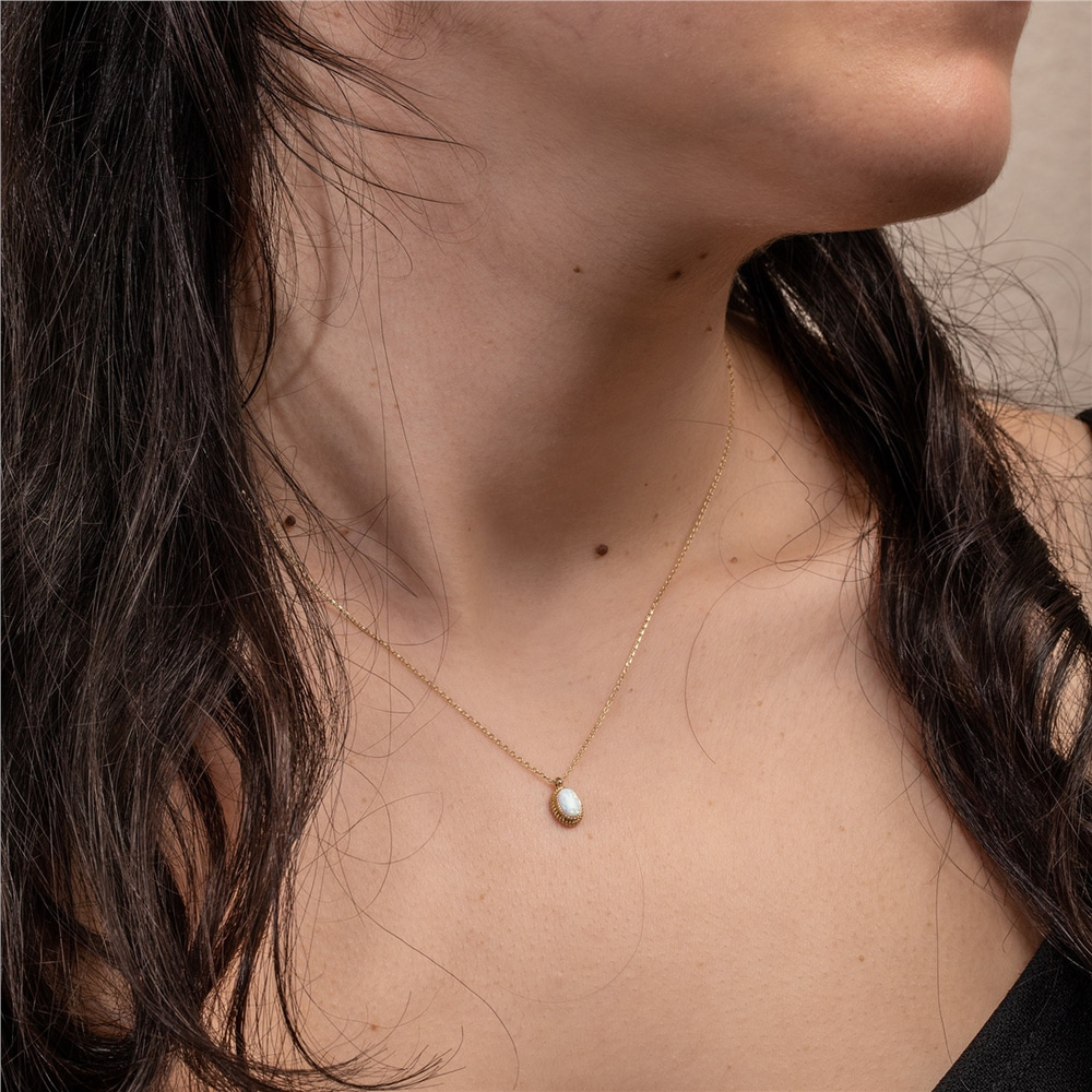 Goldstore-Opal Bezel Necklace 14k Solid Gold, Elegant Vintage Oval Cut Bezel Setting Blue White Opal Necklace, Perfect Valentine's Day Gift For Her