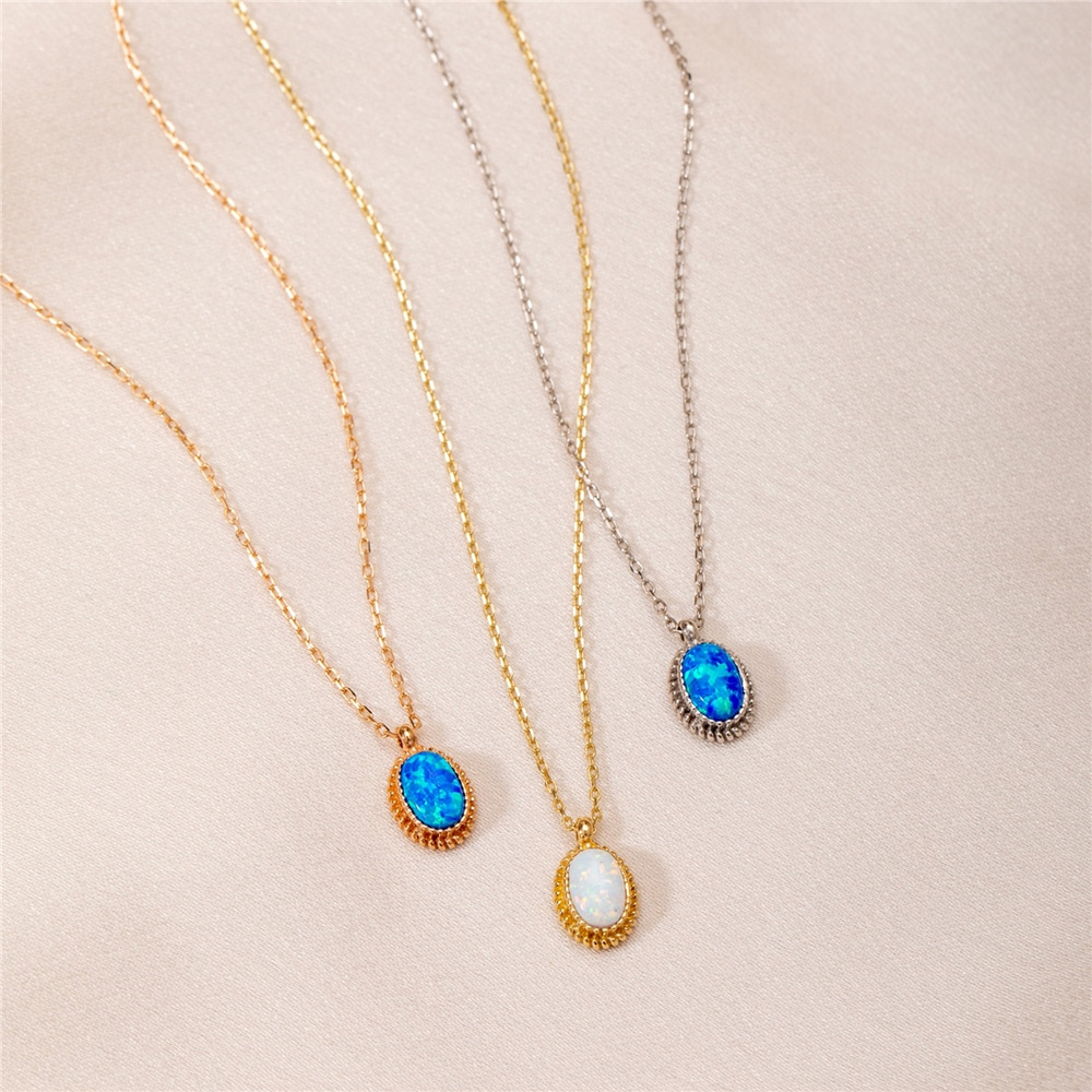 Goldstore-Opal Bezel Necklace 14k Solid Gold, Elegant Vintage Oval Cut Bezel Setting Blue White Opal Necklace, Perfect Valentine's Day Gift For Her