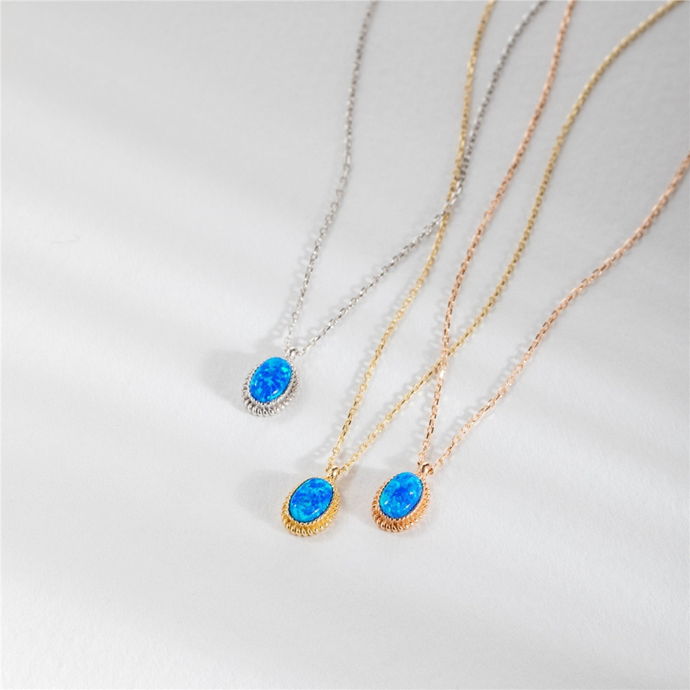 Goldstore-Opal Bezel Necklace 14k Solid Gold, Elegant Vintage Oval Cut Bezel Setting Blue White Opal Necklace, Perfect Valentine's Day Gift For Her
