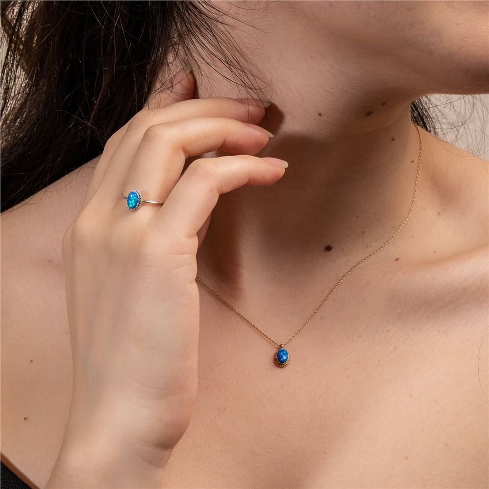 Goldstore-Opal Ring 14K Solid Gold, Dainty Blue White Genuine Opal Solitaire Ring, Oval Bezel Setting Opal Gemstone Statement Ring, Gift For Wife