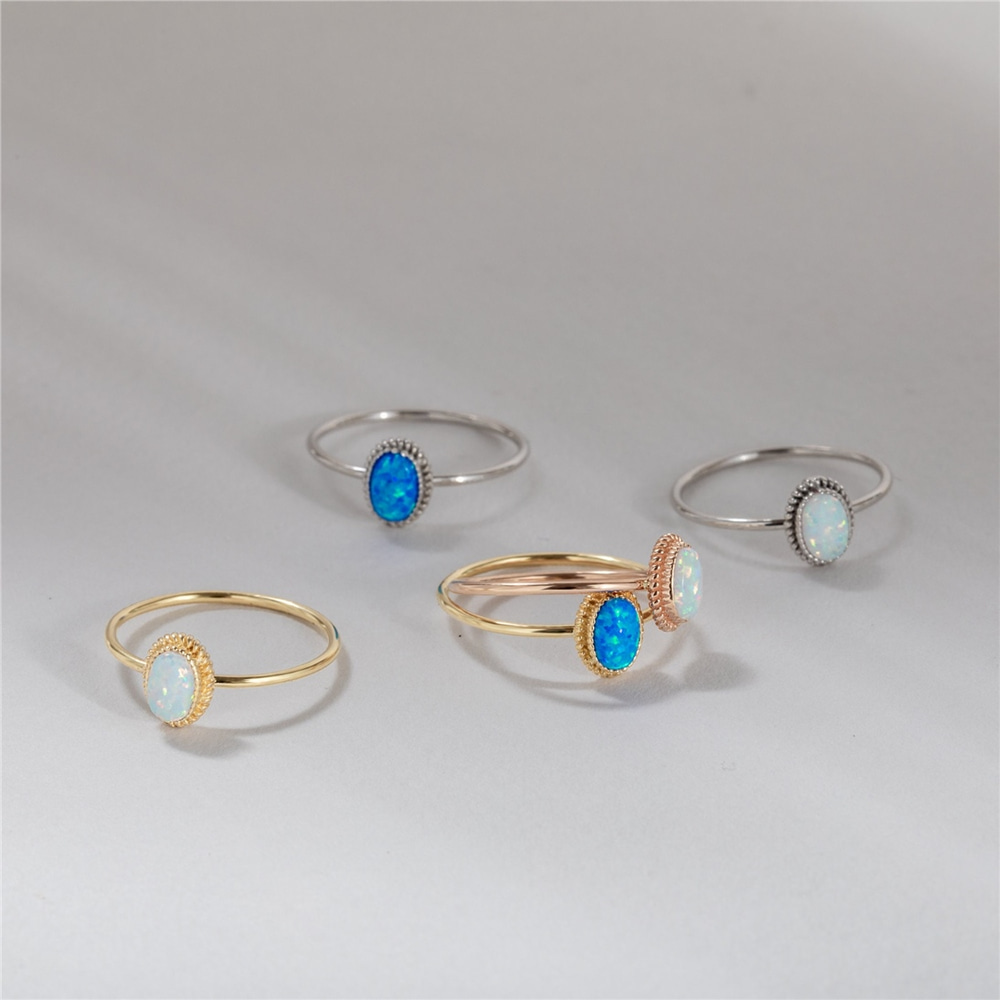 Goldstore-Opal Ring 14K Solid Gold, Dainty Blue White Genuine Opal Solitaire Ring, Oval Bezel Setting Opal Gemstone Statement Ring, Gift For Wife