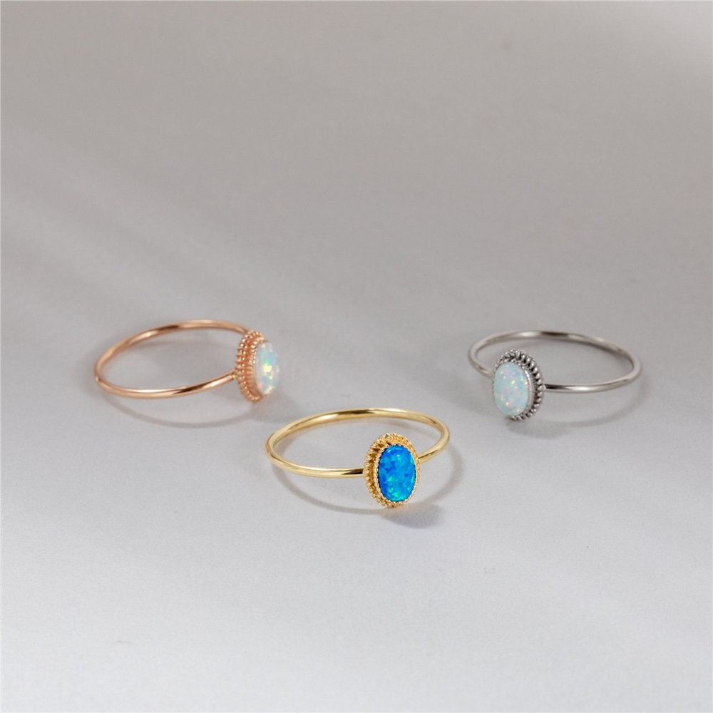 Goldstore-Opal Ring 14K Solid Gold, Dainty Blue White Genuine Opal Solitaire Ring, Oval Bezel Setting Opal Gemstone Statement Ring, Gift For Wife