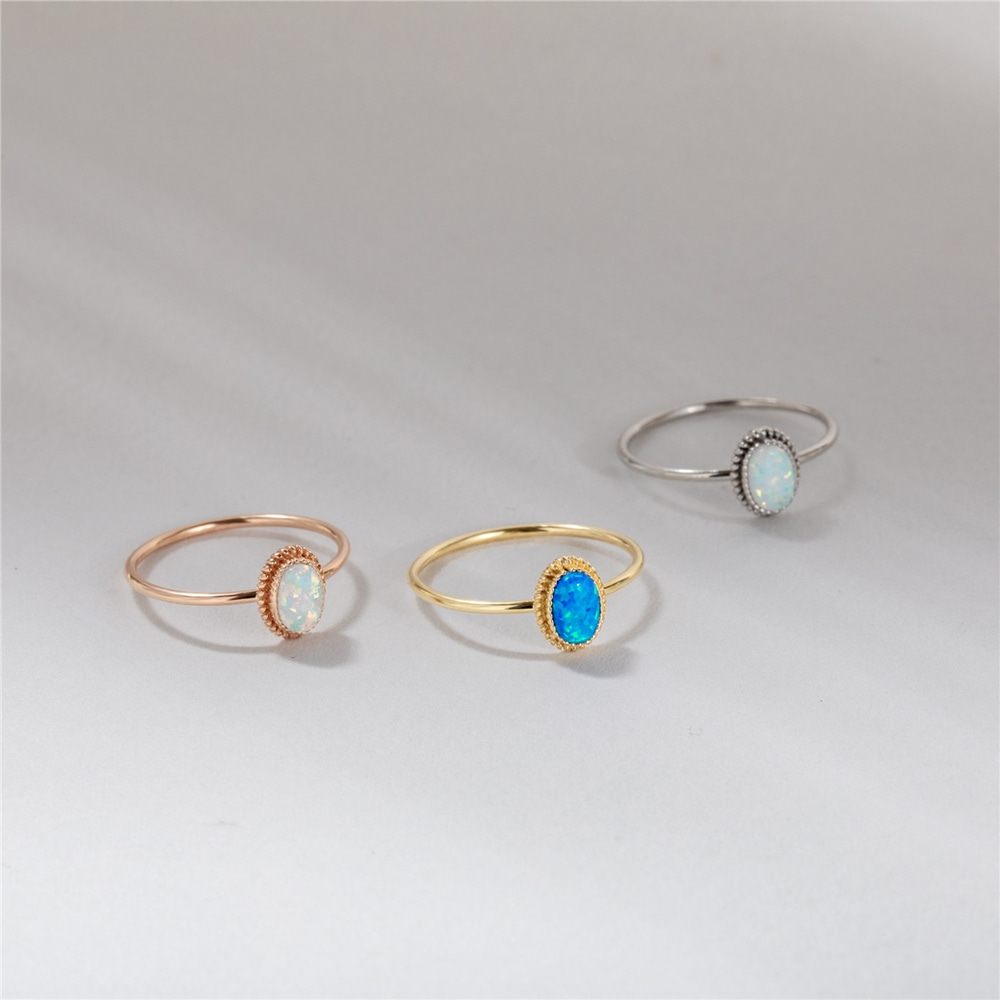 Goldstore-Opal Ring 14K Solid Gold, Dainty Blue White Genuine Opal Solitaire Ring, Oval Bezel Setting Opal Gemstone Statement Ring, Gift For Wife