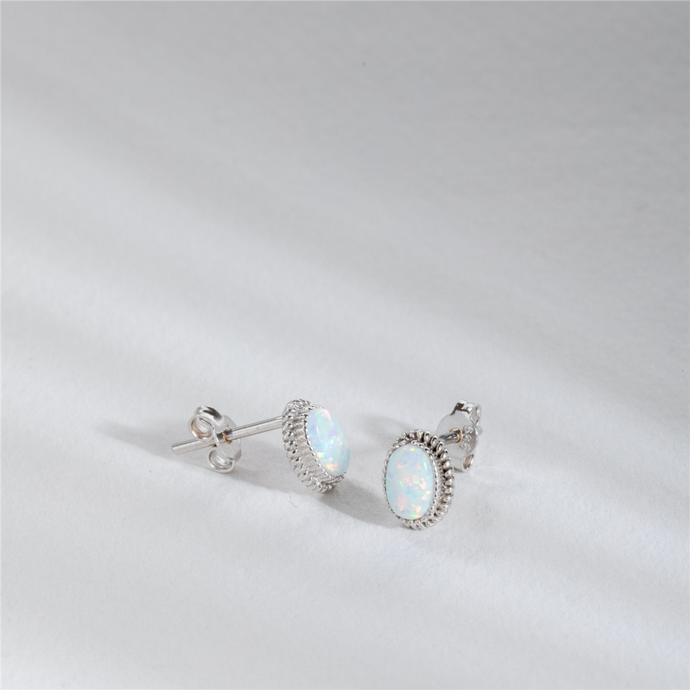 Goldstore-Oval Opal Earrings 14K Solid Gold, Natural Blue or White Color Bezel Setting Opal Stud Real Gold Earrings, Perfect Anniversary Gift For Wife
