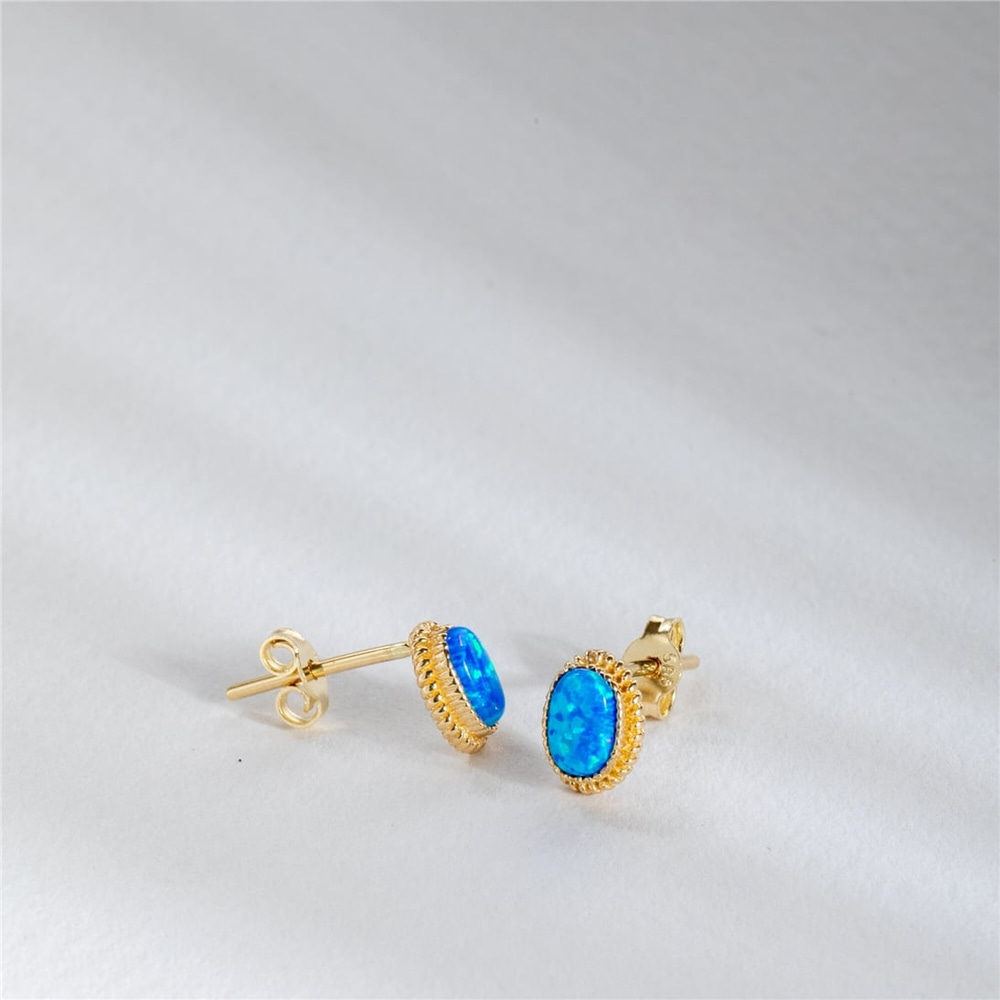 Goldstore-Oval Opal Earrings 14K Solid Gold, Natural Blue or White Color Bezel Setting Opal Stud Real Gold Earrings, Perfect Anniversary Gift For Wife