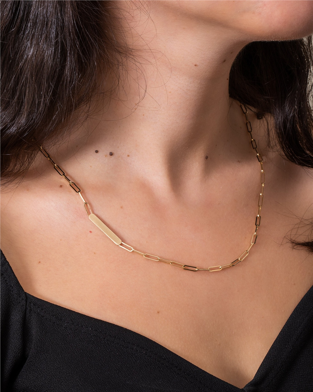 Goldstore-Paperclip Chain Custom Name Engraved Necklace in 14 Karat Real Gold, Real Gold Paper Clip Chain, Rectangle Link Chain Name Choker Necklace