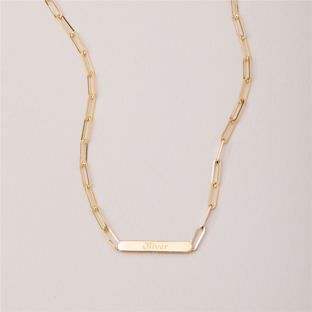 Goldstore-Paperclip Chain Custom Name Engraved Necklace in 14 Karat Real Gold, Real Gold Paper Clip Chain, Rectangle Link Chain Name Choker Necklace