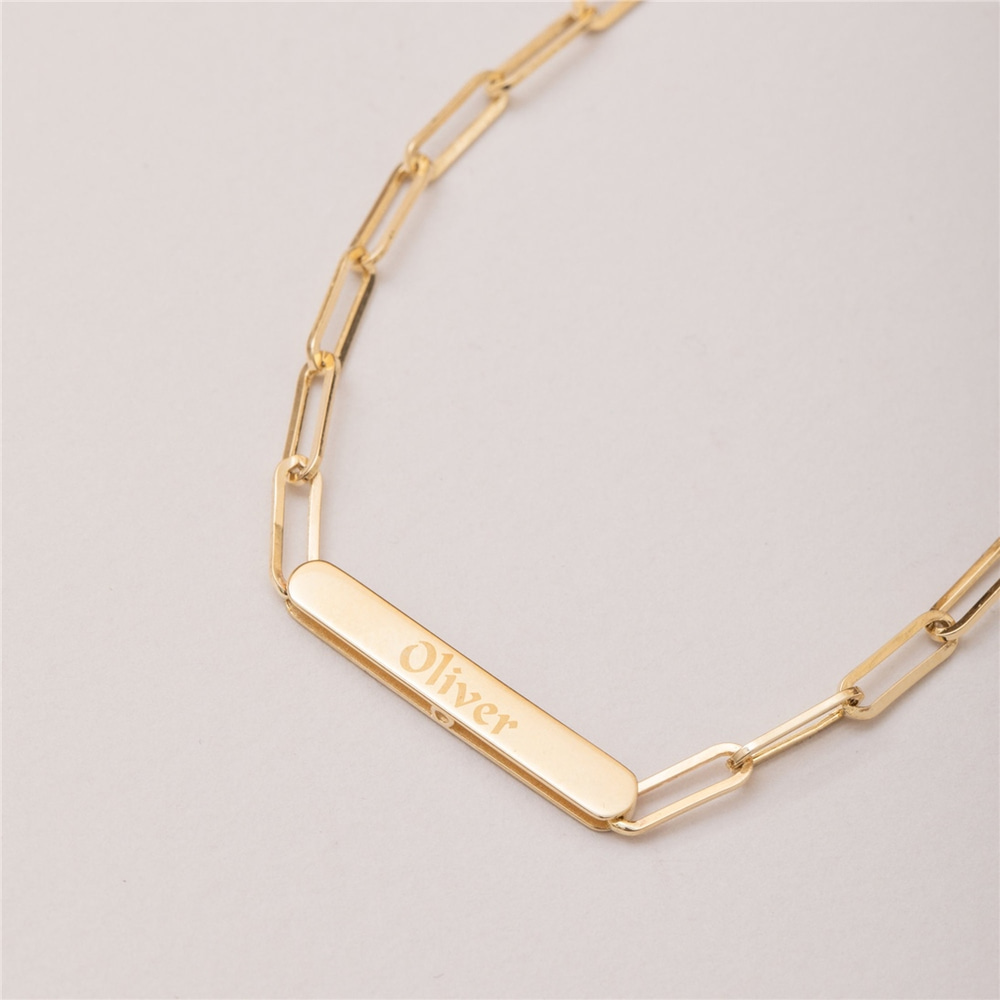 Goldstore-Paperclip Chain Custom Name Engraved Necklace in 14 Karat Real Gold, Real Gold Paper Clip Chain, Rectangle Link Chain Name Choker Necklace