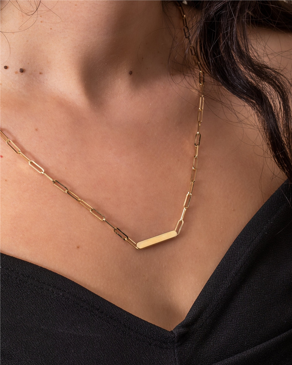 Goldstore-Paperclip Chain Custom Name Engraved Necklace in 14 Karat Real Gold, Real Gold Paper Clip Chain, Rectangle Link Chain Name Choker Necklace