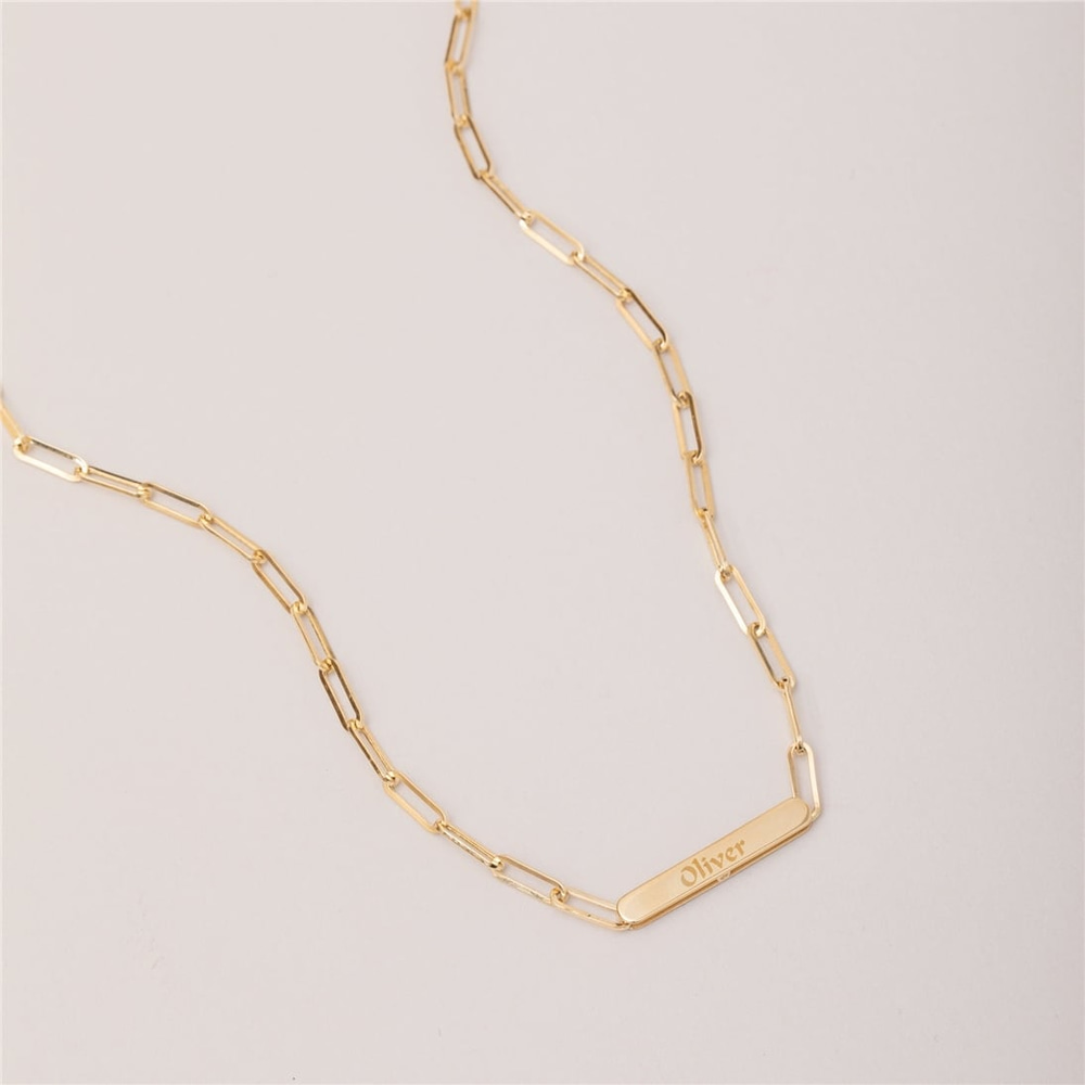 Goldstore-Paperclip Chain Custom Name Engraved Necklace in 14 Karat Real Gold, Real Gold Paper Clip Chain, Rectangle Link Chain Name Choker Necklace