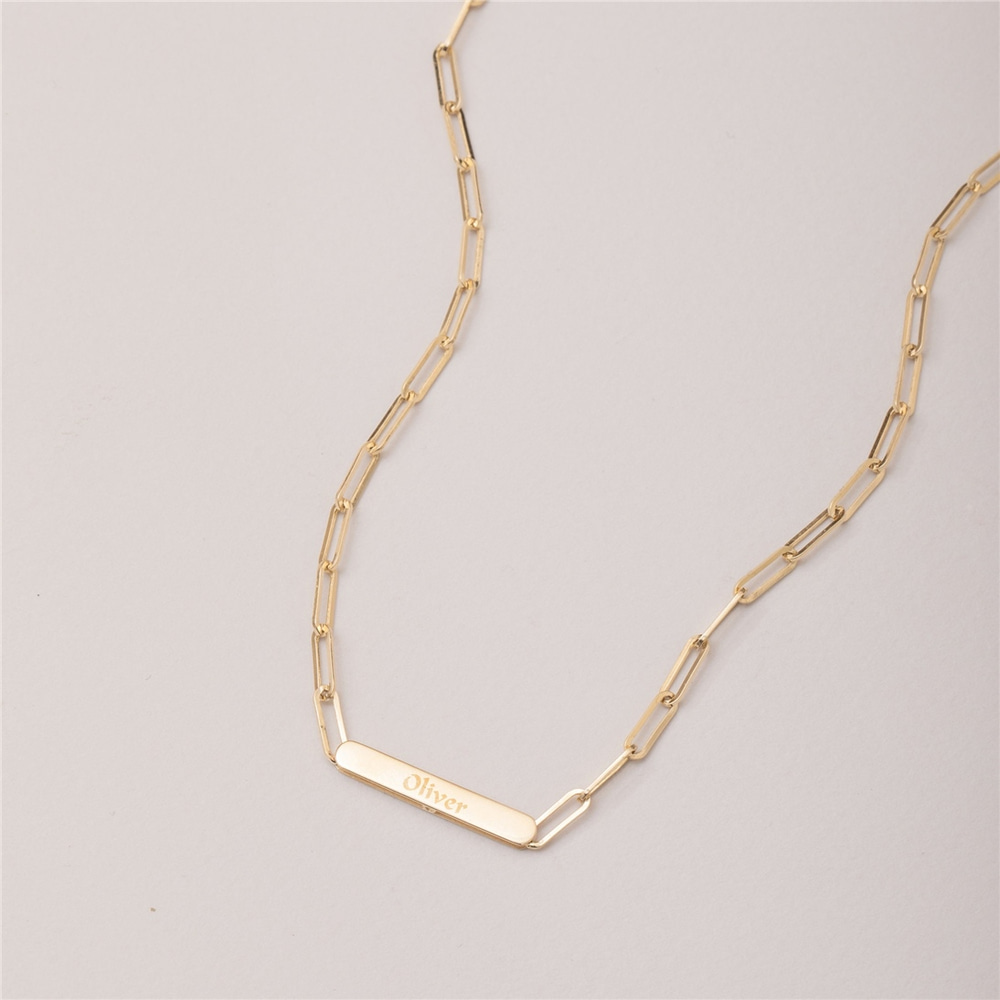 Goldstore-Paperclip Chain Custom Name Engraved Necklace in 14 Karat Real Gold, Real Gold Paper Clip Chain, Rectangle Link Chain Name Choker Necklace
