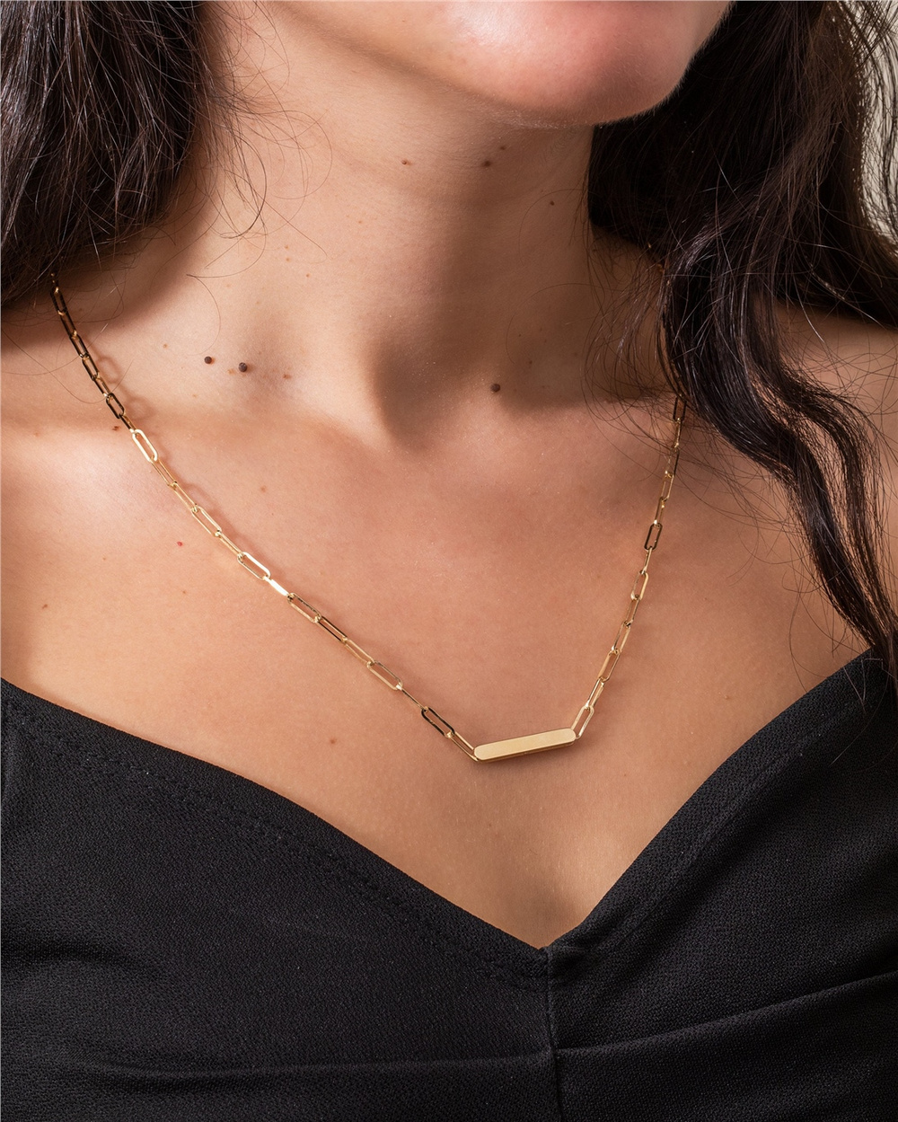 Goldstore-Paperclip Chain Custom Name Engraved Necklace in 14 Karat Real Gold, Real Gold Paper Clip Chain, Rectangle Link Chain Name Choker Necklace