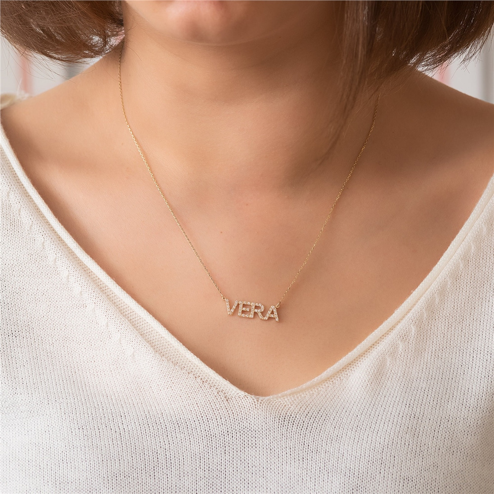 Goldstore-Pave Diamond Custom Name Necklace 14K Solid Gold, Diamond Cz Letter Word Necklace, Personalized Name Gift For Her, Customized Diamond Name