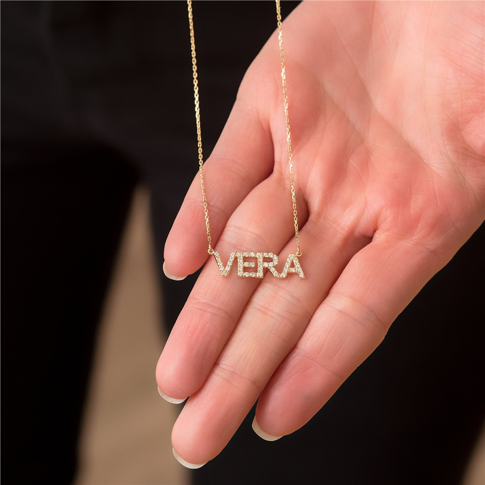 Goldstore-Pave Diamond Custom Name Necklace 14K Solid Gold, Diamond Cz Letter Word Necklace, Personalized Name Gift For Her, Customized Diamond Name