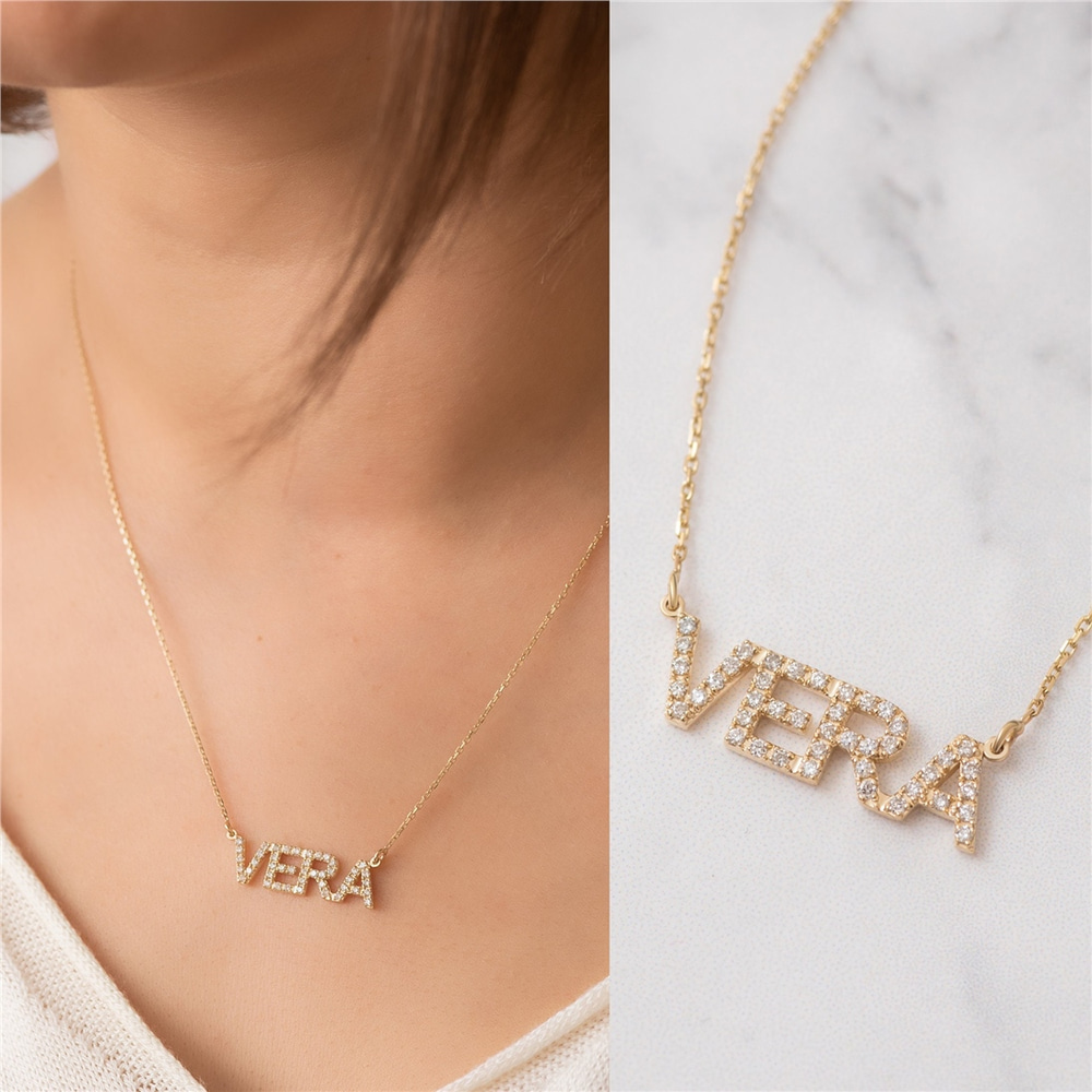 Goldstore-Pave Diamond Custom Name Necklace 14K Solid Gold, Diamond Cz Letter Word Necklace, Personalized Name Gift For Her, Customized Diamond Name