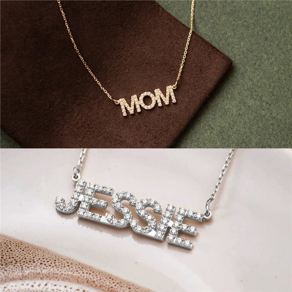 Goldstore-Pave Diamond Custom Name Necklace 14K Solid Gold, Diamond Cz Letter Word Necklace, Personalized Name Gift For Her, Customized Diamond Name