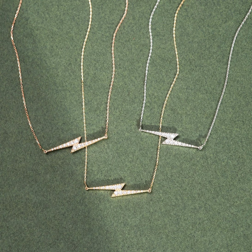 Goldstore-Pave Stones Horizontal Lightning Necklace, Thunder Symbol Pave Cz Necklace, Cubic Zirconia Stones Thunderbolt Necklace, Gift For Christmas