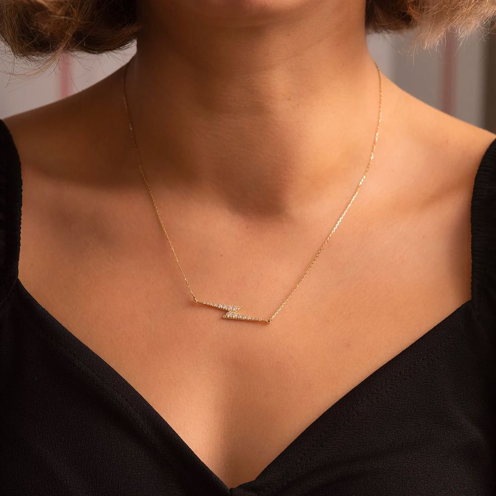 Goldstore-Pave Stones Horizontal Lightning Necklace, Thunder Symbol Pave Cz Necklace, Cubic Zirconia Stones Thunderbolt Necklace, Gift For Christmas