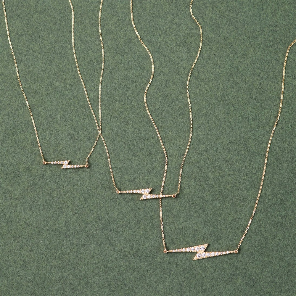 Goldstore-Pave Stones Horizontal Lightning Necklace, Thunder Symbol Pave Cz Necklace, Cubic Zirconia Stones Thunderbolt Necklace, Gift For Christmas