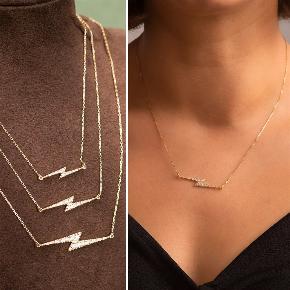 Goldstore-Pave Stones Horizontal Lightning Necklace, Thunder Symbol Pave Cz Necklace, Cubic Zirconia Stones Thunderbolt Necklace, Gift For Christmas