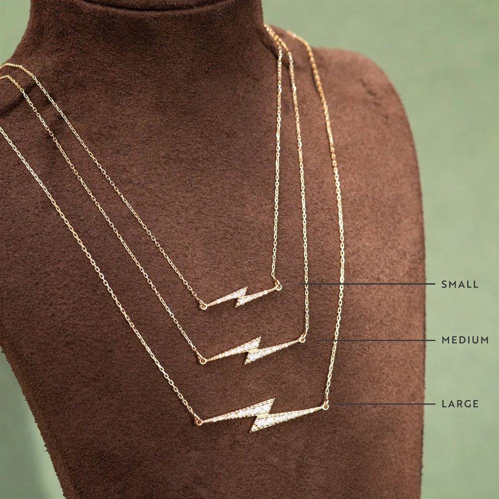Goldstore-Pave Stones Horizontal Lightning Necklace, Thunder Symbol Pave Cz Necklace, Cubic Zirconia Stones Thunderbolt Necklace, Gift For Christmas