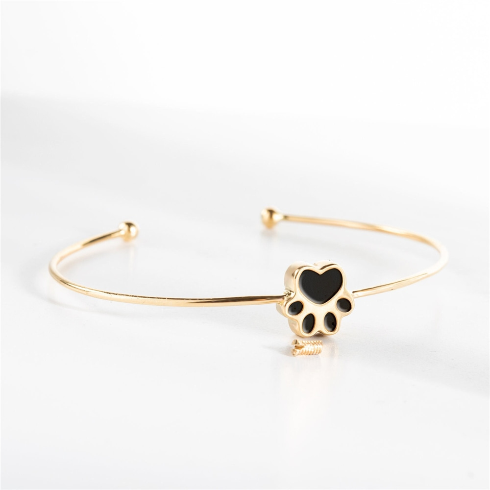 Goldstore-Paw Print Urn Bangle For Ashes Of Beloved Pet 14K 18K Solid Gold, Cute Custom Initial Engraved Pet Paw Bangle, Personalize Gift For Sympathy