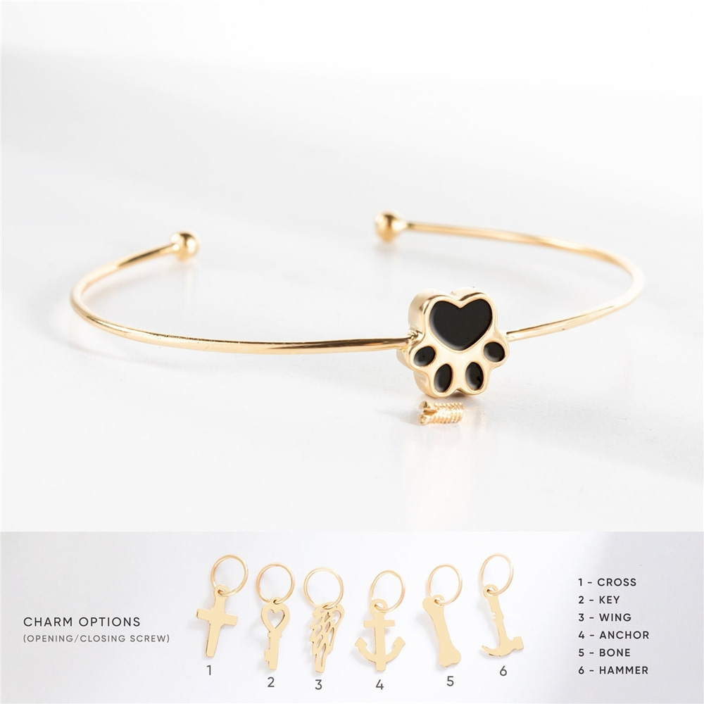 Goldstore-Paw Print Urn Bangle For Ashes Of Beloved Pet 14K 18K Solid Gold, Cute Custom Initial Engraved Pet Paw Bangle, Personalize Gift For Sympathy