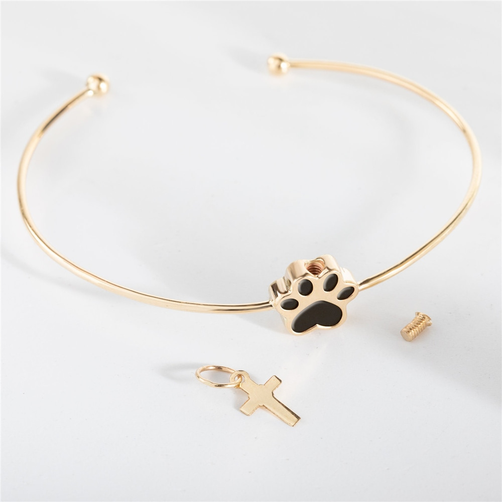 Goldstore-Paw Print Urn Bangle For Ashes Of Beloved Pet 14K 18K Solid Gold, Cute Custom Initial Engraved Pet Paw Bangle, Personalize Gift For Sympathy