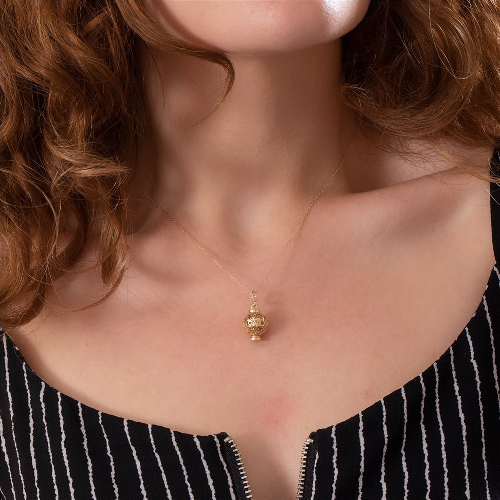 Goldstore-Paw Sphere Ball Urn Pendant 14K 18K Solid Gold, Lantern Necklace For Ashes Of Beloved Pet, Customized Paw Pattern Cage Cremation Urn Pendant