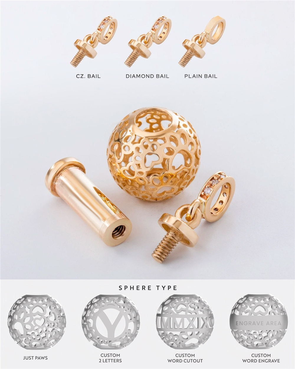 Goldstore-Paw Sphere Ball Urn Pendant 14K 18K Solid Gold, Lantern Necklace For Ashes Of Beloved Pet, Customized Paw Pattern Cage Cremation Urn Pendant