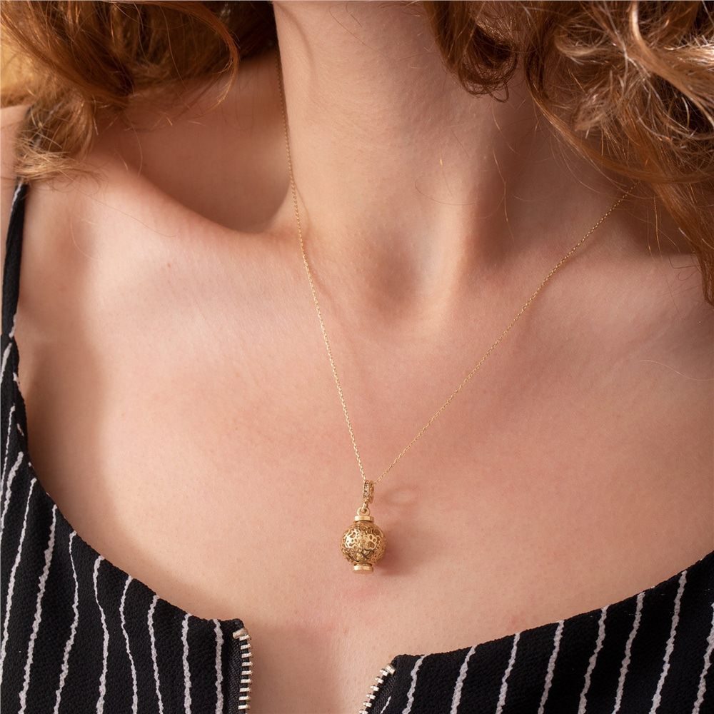 Goldstore-Paw Sphere Ball Urn Pendant 14K 18K Solid Gold, Lantern Necklace For Ashes Of Beloved Pet, Customized Paw Pattern Cage Cremation Urn Pendant