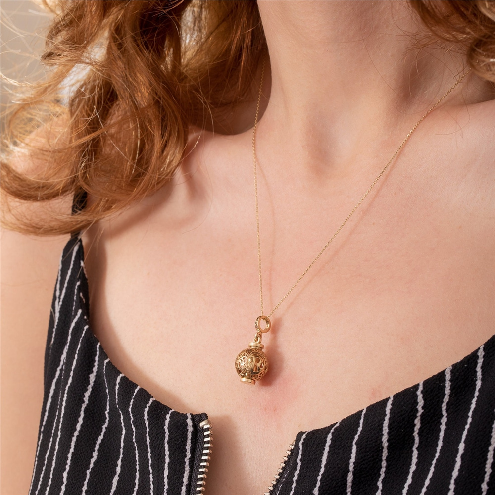 Goldstore-Paw Sphere Ball Urn Pendant 14K 18K Solid Gold, Lantern Necklace For Ashes Of Beloved Pet, Customized Paw Pattern Cage Cremation Urn Pendant