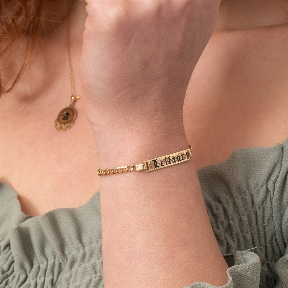 Goldstore-Personalize Hawaiian Heirloom Baby Girl Boy Gold Bracelet, 14K Yellow Gold Engrave Custom Name Date Hawaii Cuban Link Chain Baby ID Bracelet