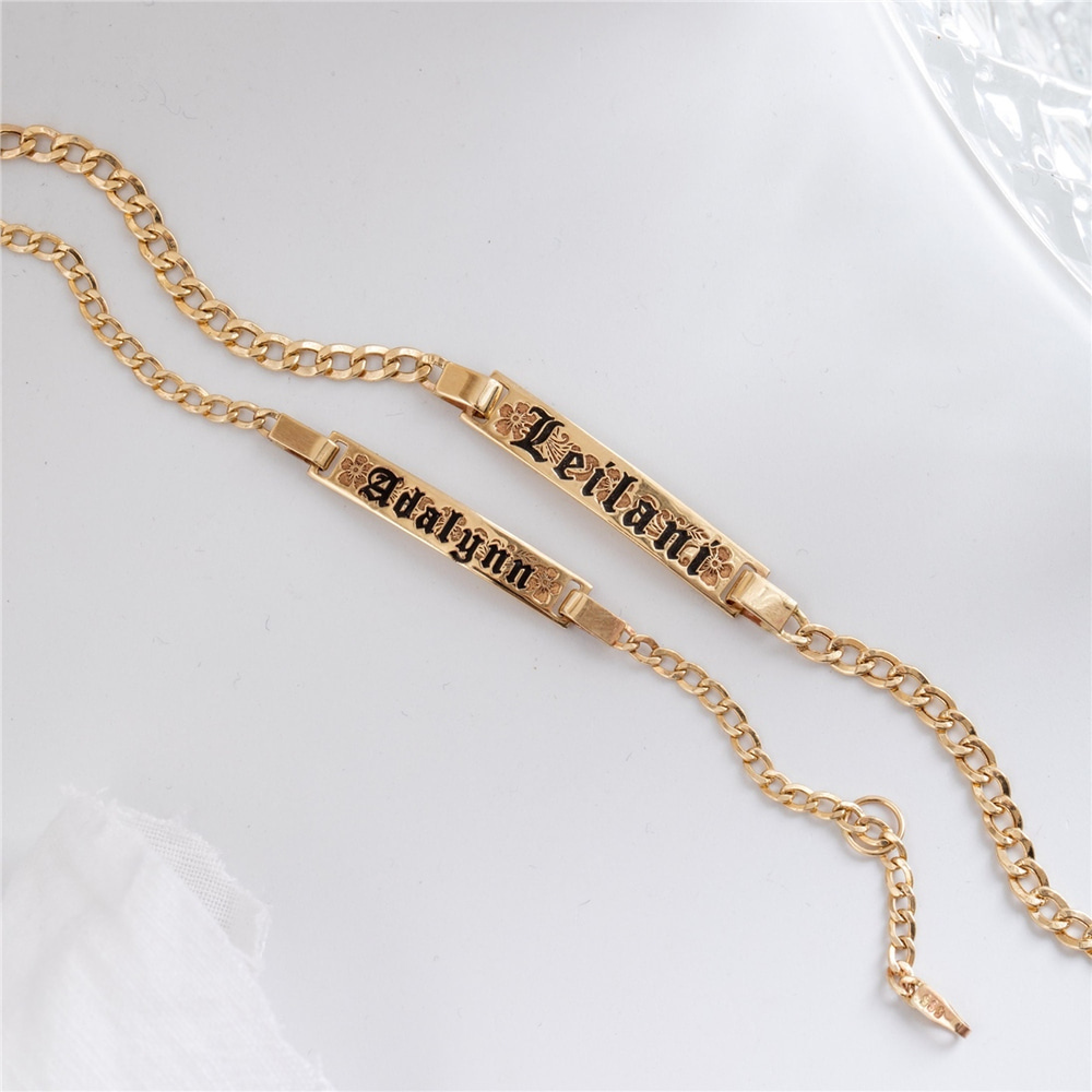 Goldstore-Personalize Hawaiian Heirloom Baby Girl Boy Gold Bracelet, 14K Yellow Gold Engrave Custom Name Date Hawaii Cuban Link Chain Baby ID Bracelet