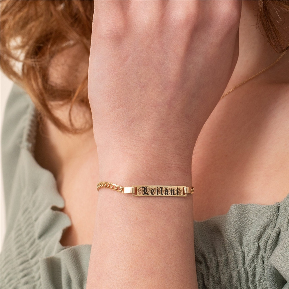 Goldstore-Personalize Hawaiian Heirloom Baby Girl Boy Gold Bracelet, 14K Yellow Gold Engrave Custom Name Date Hawaii Cuban Link Chain Baby ID Bracelet