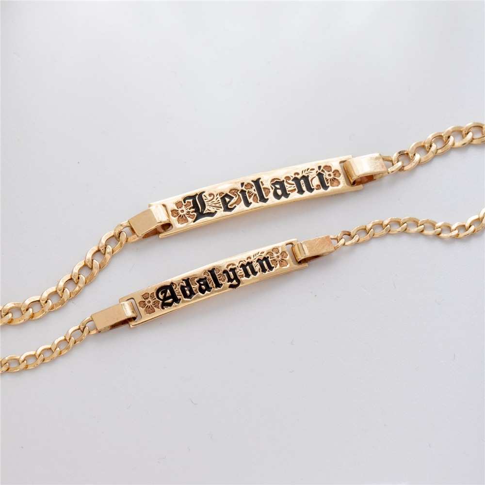Goldstore-Personalize Hawaiian Heirloom Baby Girl Boy Gold Bracelet, 14K Yellow Gold Engrave Custom Name Date Hawaii Cuban Link Chain Baby ID Bracelet