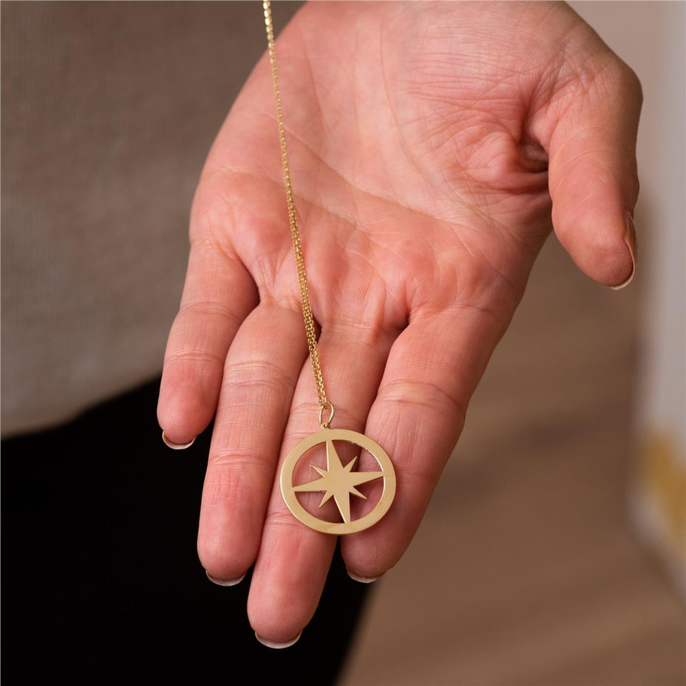 Goldstore-Personalize Name Compass Necklace 14K 18K Solid Gold, Kids Name Custom Compass Pendant, North Star Engrave Coordinate Necklace, Gift For Her
